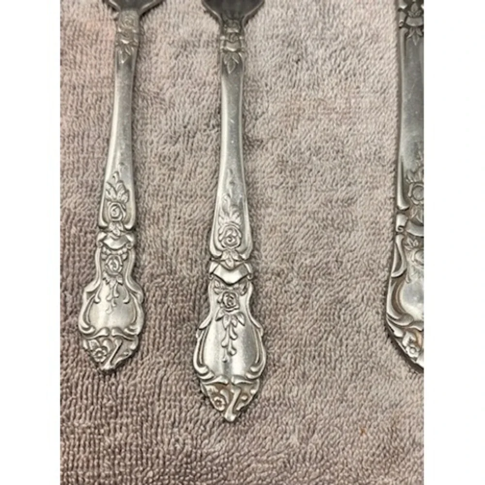 Vtg National Stainless Flatware Set 22pc Silverware Rose Floral Pattern Korea